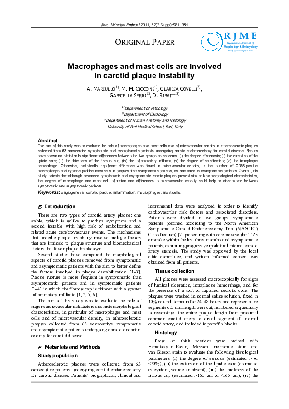 (PDF) Macrophages and mast cells are involved in carotid plaque instability