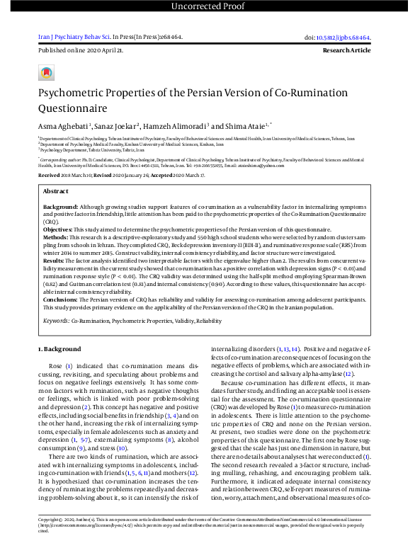 (PDF) Psychometric properties of the Persian version of corumination