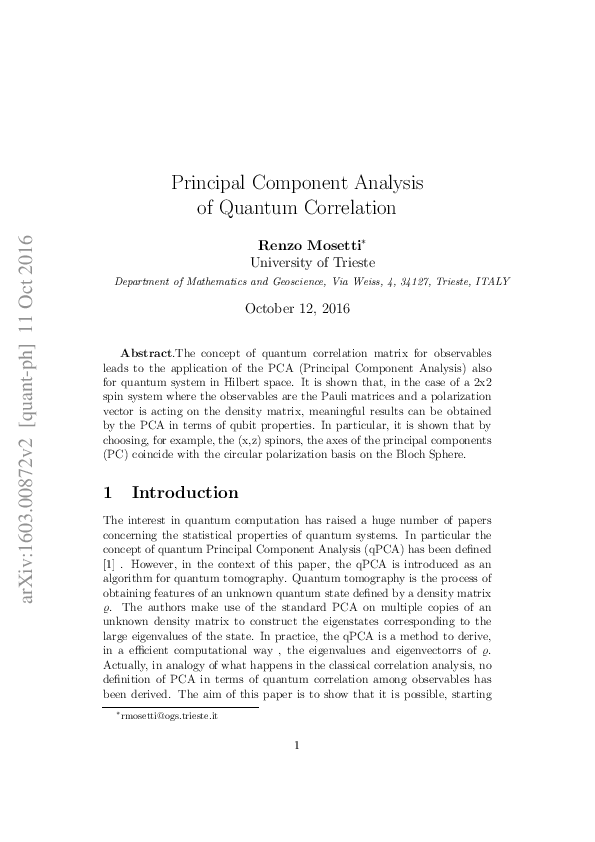 (PDF) Principal Component Analysis of quantum correlation Renzo