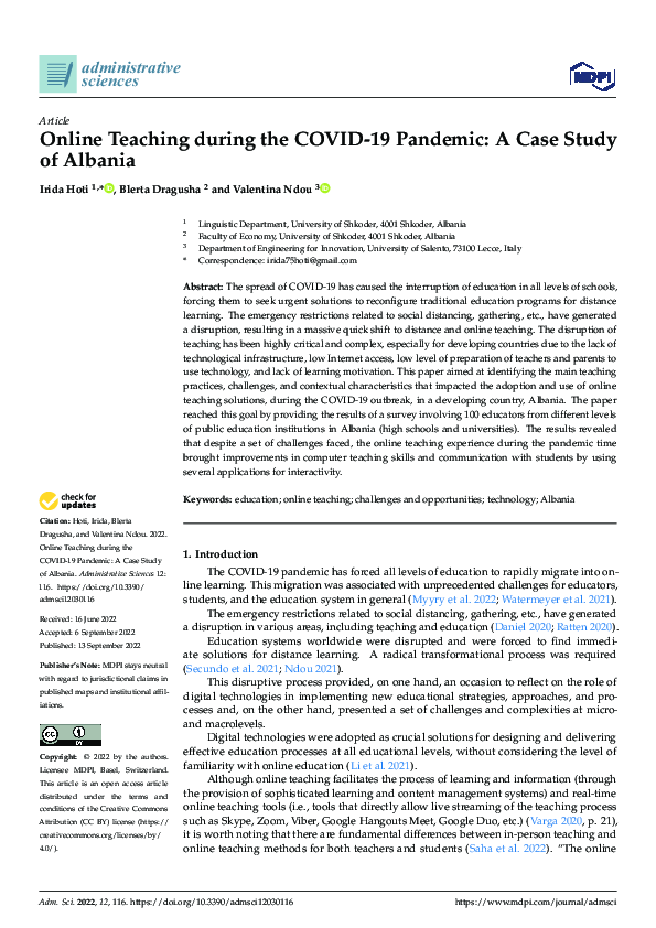(PDF) Online Teaching during the COVID-19 Pandemic: A Case Study of Albania