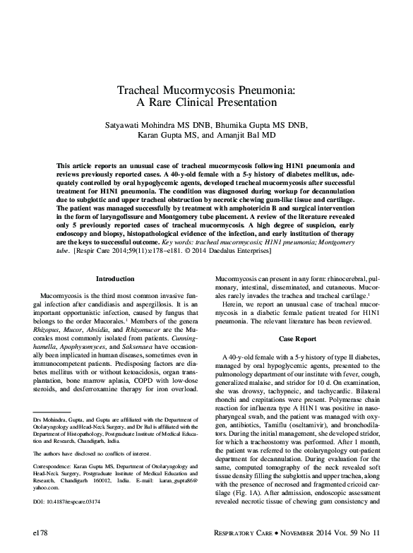 (PDF) Tracheal mucormycosis pneumonia a rare clinical presentation
