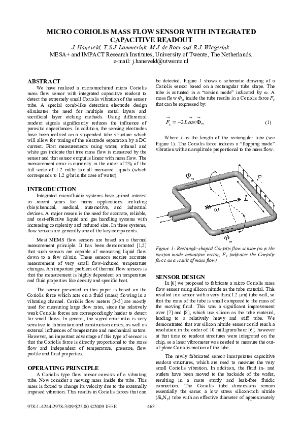 (PDF) Micro Coriolis Mass Flow Sensor with Integrated Capacitive Readout