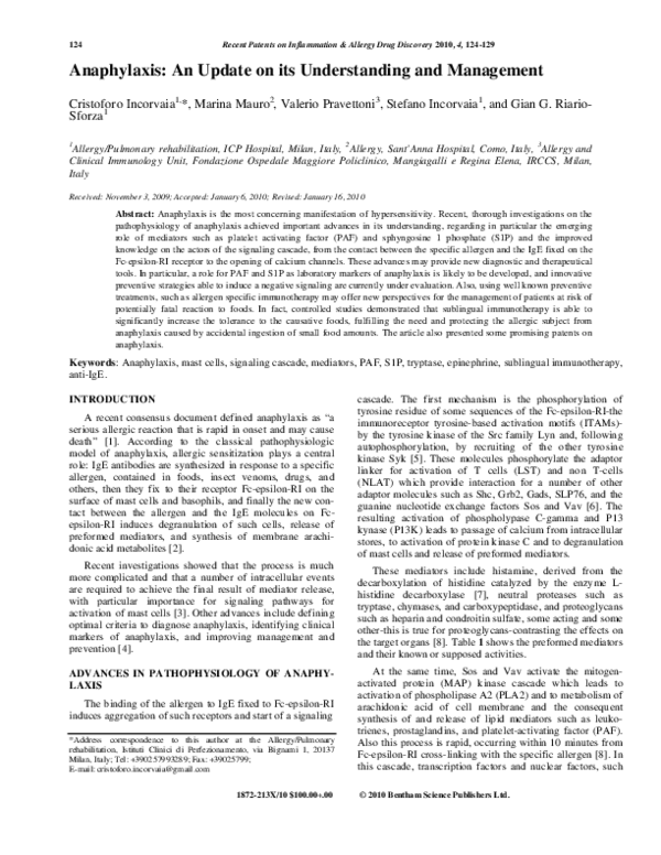 (PDF) Anaphylaxis: An Update on its Understanding and Management