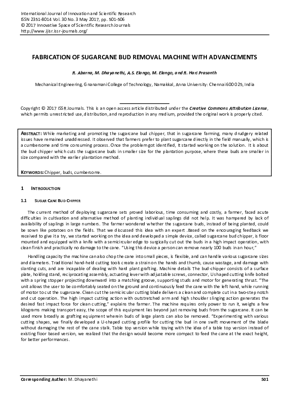 (PDF) Fabrication of Sugarcane Bud Removal Machine with Advancements