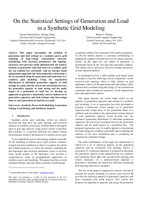 (PDF) On the Statistical Settings of Generation and Load in a Synthetic ...