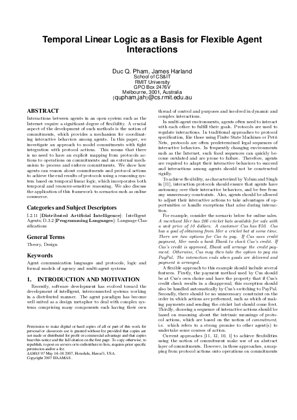 (PDF) Temporal linear logic as a basis for flexible agent interactions