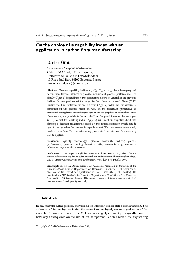(PDF) On the choice of a capability index with an application in carbon ...