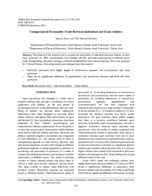 (PDF) Comparison of Personality Traits Between Individual and Team Athletes