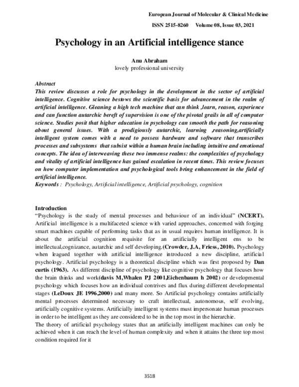 (PDF) Psychology in an Artificial intelligence stance