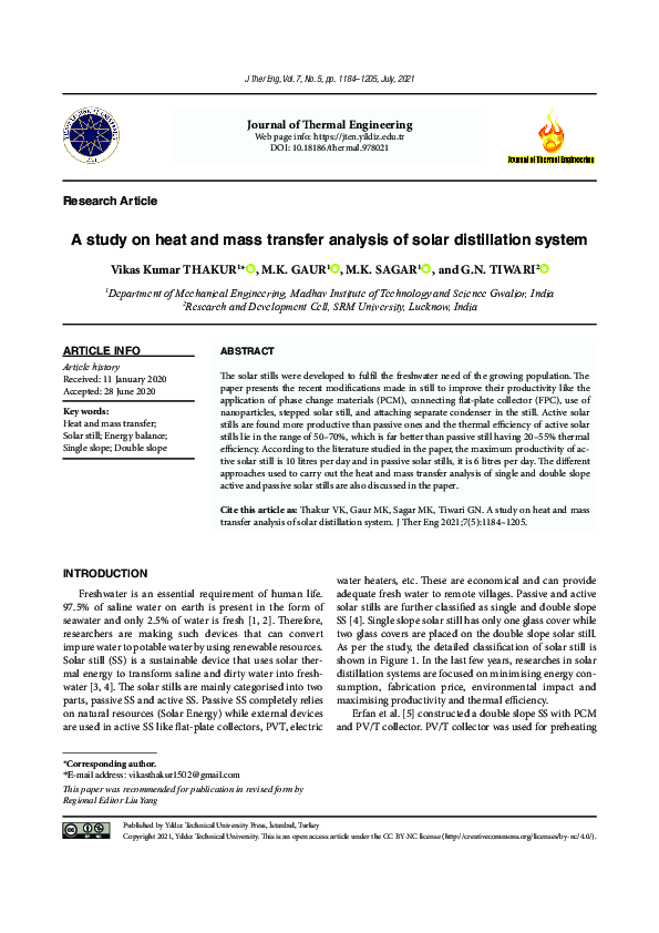 (PDF) A study on heat and mass transfer analysis of solar distillation ...