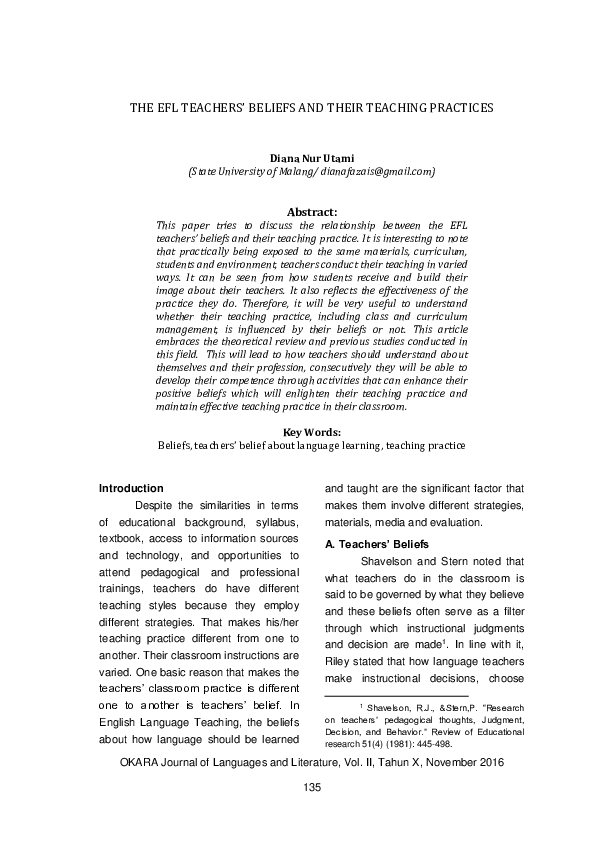 (PDF) The Efl Teachers’ Beliefs and Their Teaching Practices