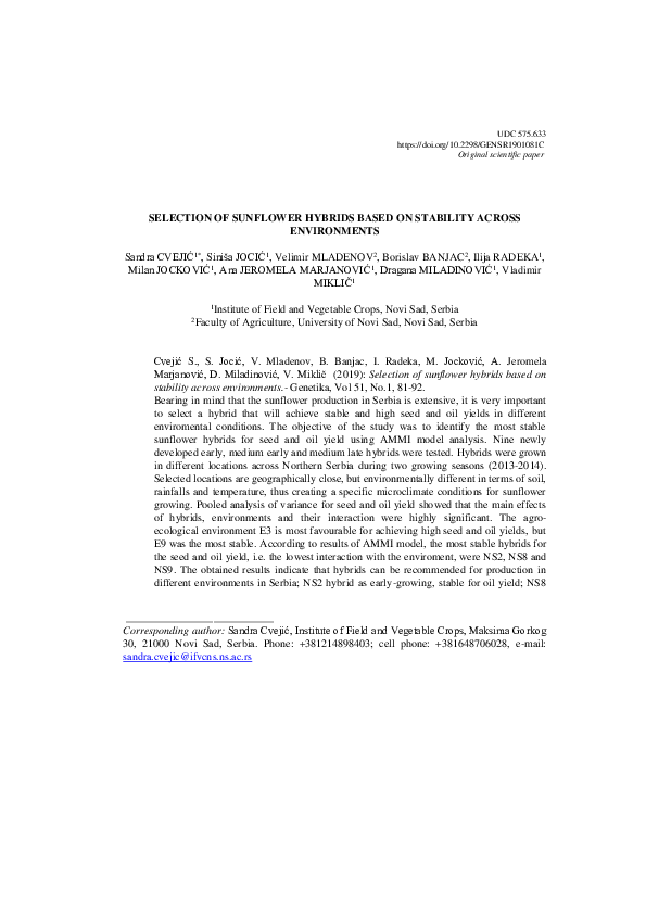 (PDF) Selection of sunflower hybrids based on stability across environments