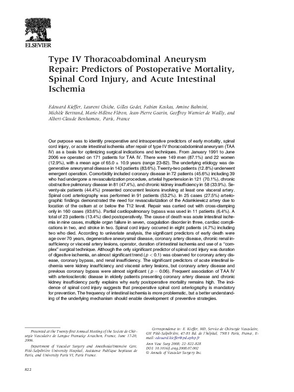 (PDF) Type IV Thoracoabdominal Aneurysm Repair: Predictors of ...