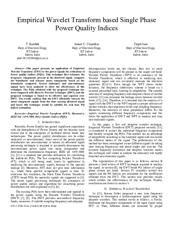 (PDF) Empirical wavelet transform based single phase power quality indices