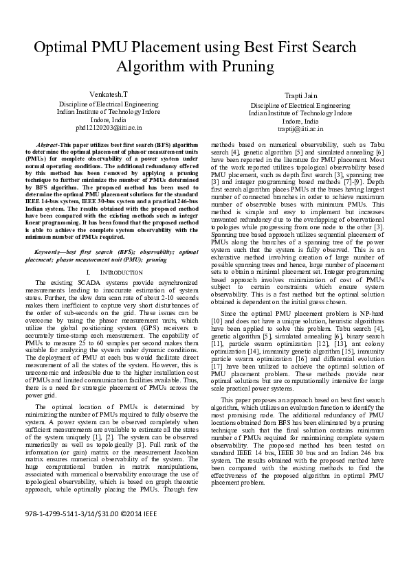 (PDF) Optimal PMU placement using best first search algorithm with pruning