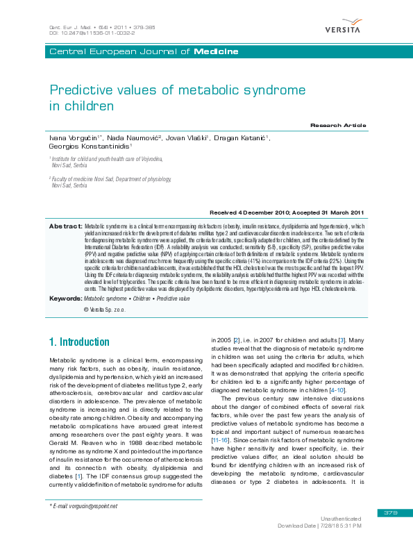 (PDF) Predictive values of metabolic syndrome in children