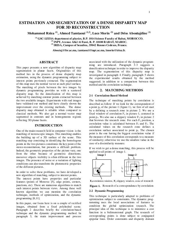 (PDF) Estimation and segmentation of a dense disparity map for 3D ...