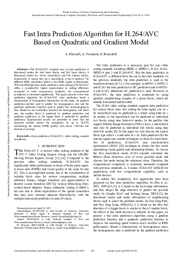 (PDF) Fast Intra Prediction Algorithm for H.264/AVC Based on Quadratic ...