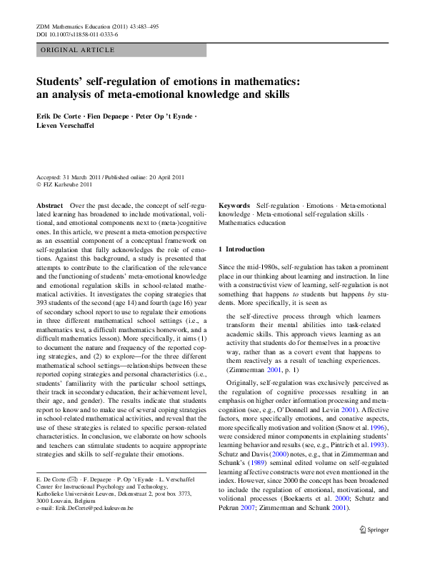 (PDF) Students’ self-regulation of emotions in mathematics: an analysis ...