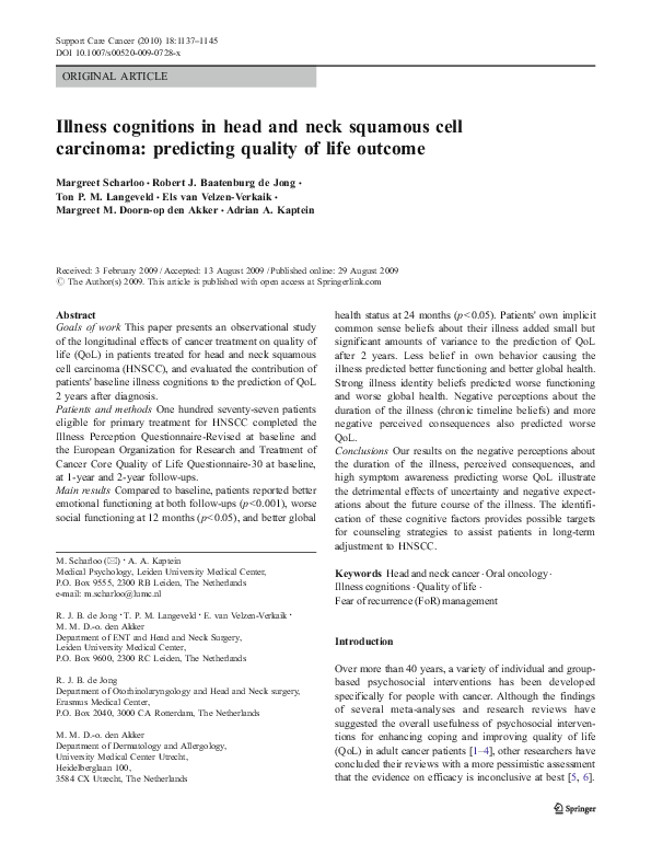 (PDF) Illness cognitions in head and neck squamous cell carcinoma ...