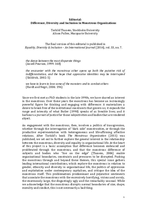(PDF) Difference, Diversity and Inclusion in Monstrous Organizations