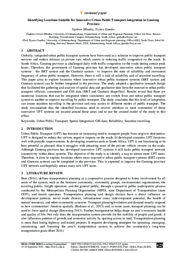 Identifying Locations Suitable for Innovative Urban Public Transport Integration in Gauteng