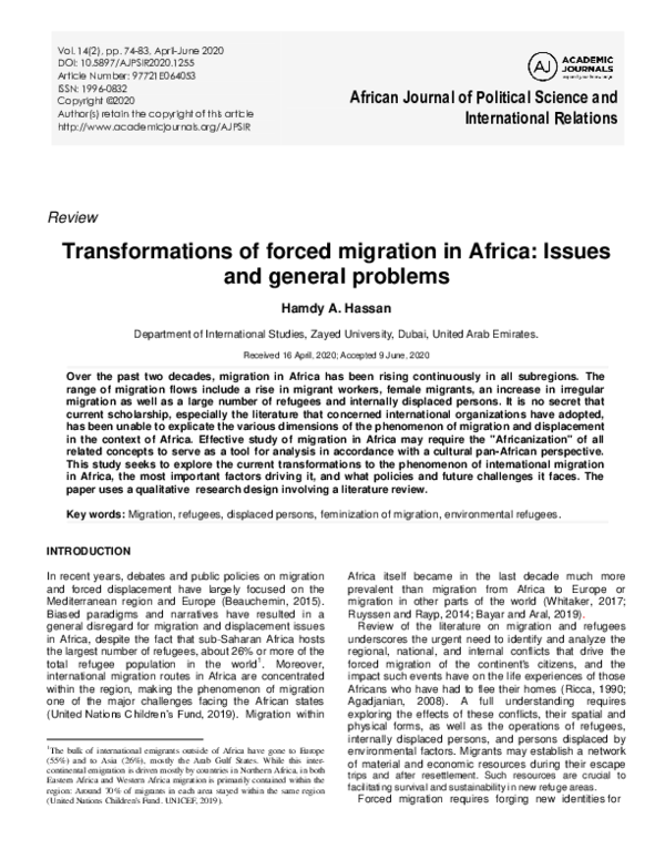 (PDF) Transformations of forced migration in Africa: Issues and general ...