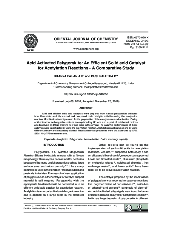 (PDF) Acid Activated Palygorskite: An Efficient Solid Acid Catalyst for ...