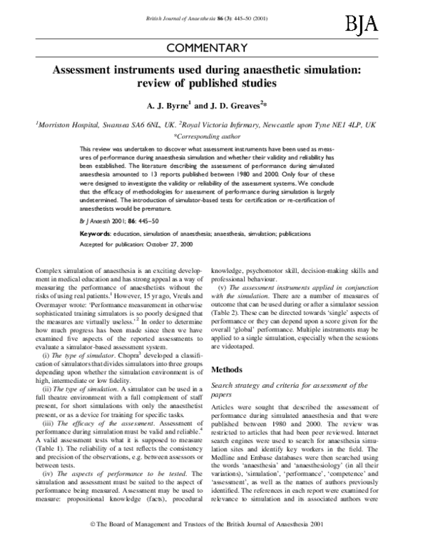 (PDF) Assessment instruments used during anaesthetic simulation review of published studies