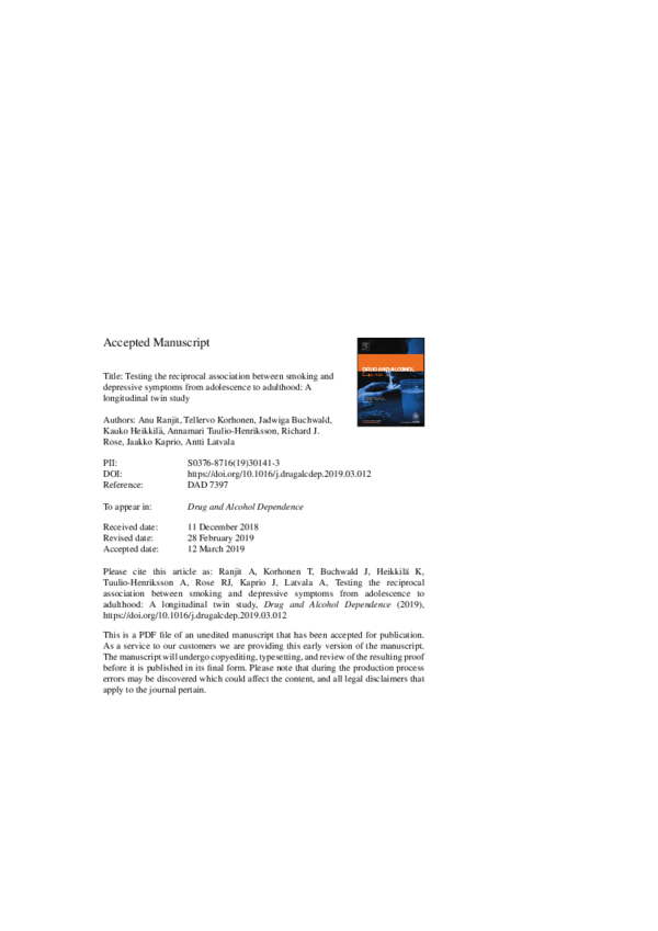 (PDF) Testing the reciprocal association between smoking and depressive ...