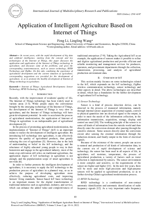 (PDF) Application of Intelligent Agriculture Based on Internet of Things