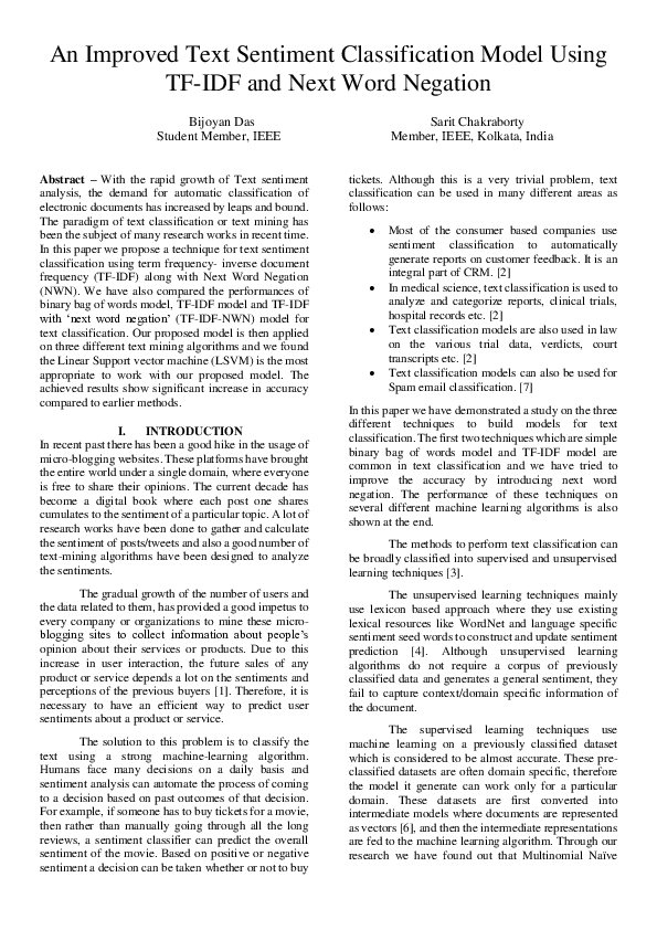 (PDF) An Improved Text Sentiment Classification Model Using TF-IDF and ...