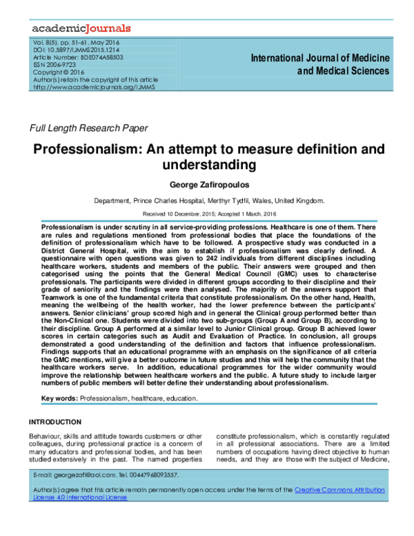 (PDF) Professionalism An attempt to measure definition and