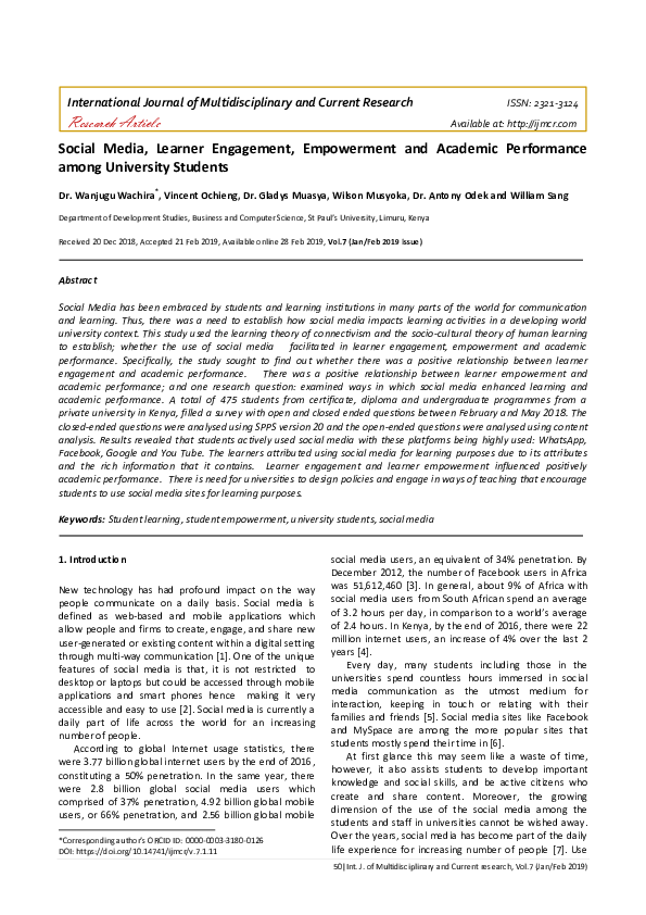 Image showcasing (PDF) Social Media, Learner Engagement, Empowerment and Academic ...