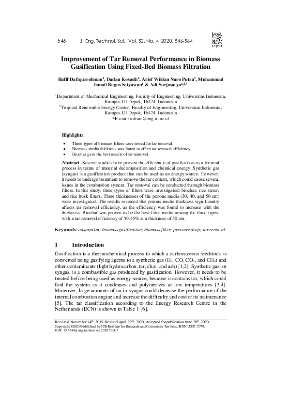(PDF) Improvement of Tar Removal Performance in Biomass Gasification