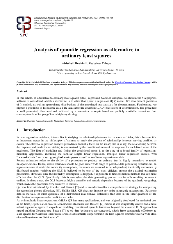 (PDF) Analysis of quantile regression as alternative to ordinary least ...