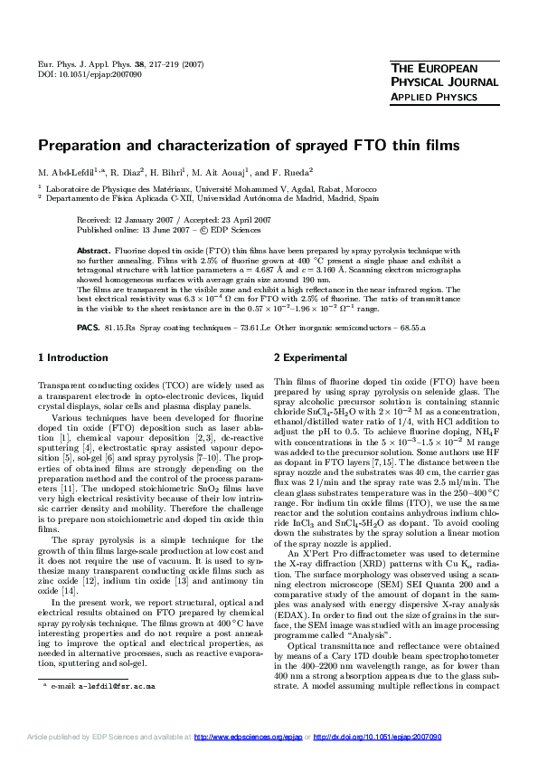 (PDF) Preparation and characterization of sprayed FTO thin films