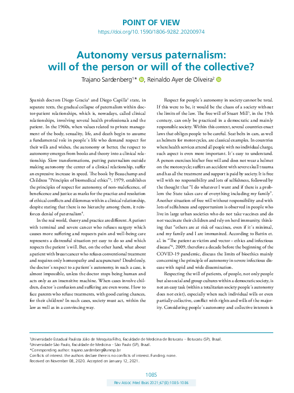 (PDF) Autonomy versus paternalism: will of the person or will of the ...