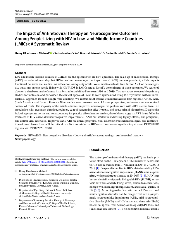 (PDF) The Impact of Antiretroviral Therapy on Neurocognitive Outcomes ...