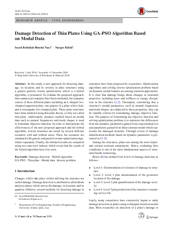(PDF) Damage Detection of Thin Plates Using GA-PSO Algorithm Based on ...