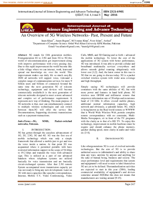 (PDF) An Overview of 5G Wireless Networks- Past, Present and Future