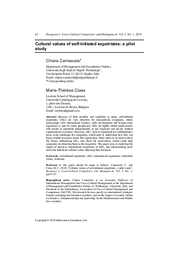 (PDF) Cultural Values of Self Initiated Expatriates. A Pilot Study