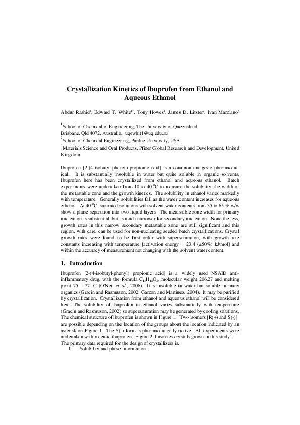(PDF) Crystallization Kinetics of Ibuprofen from Ethanol and Aqueous ...