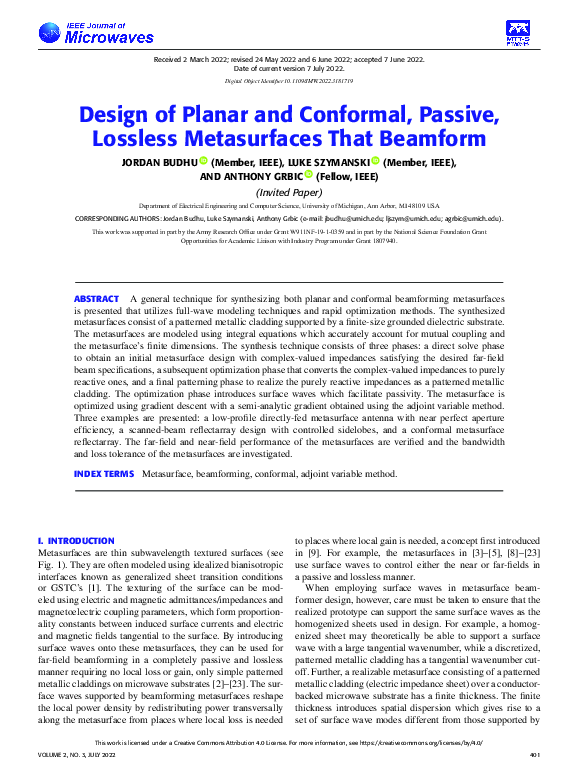 (PDF) Design of Planar and Conformal, Passive, Lossless Metasurfaces ...