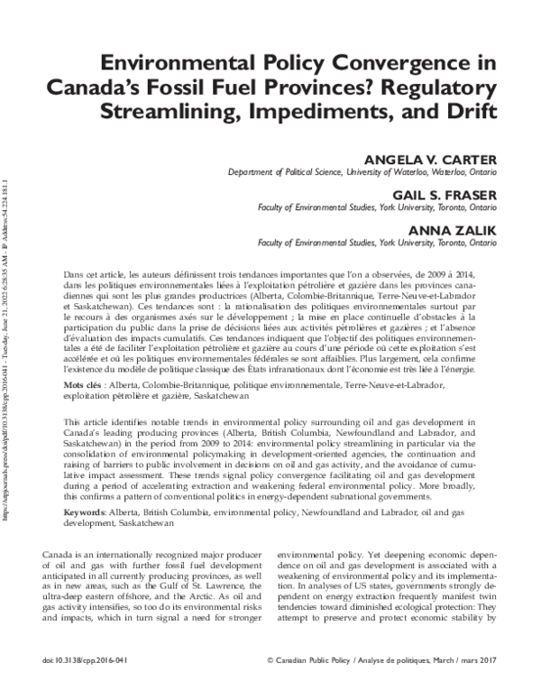 (PDF) Environmental Policy Convergence in Canada's Fossil Fuel
