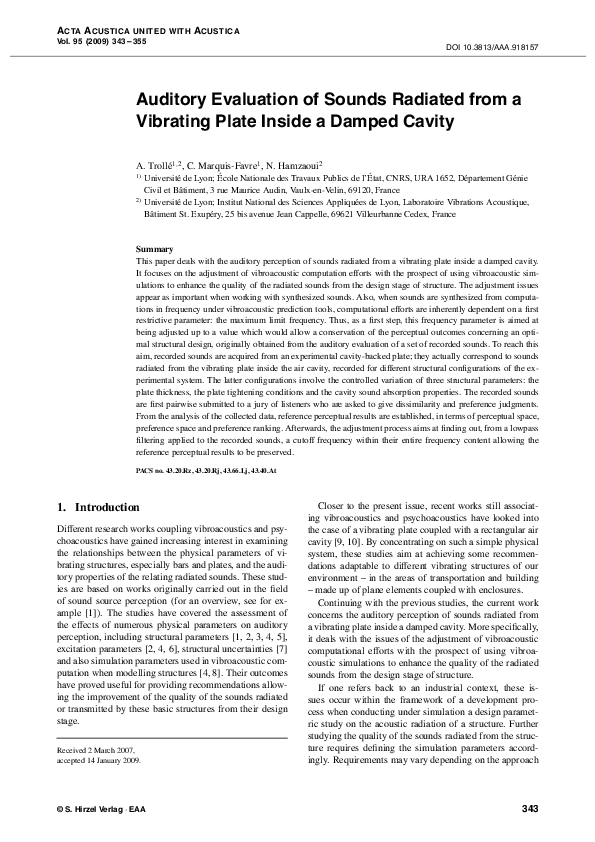 (PDF) Auditory Evaluation of Sounds Radiated from a Vibrating Plate ...