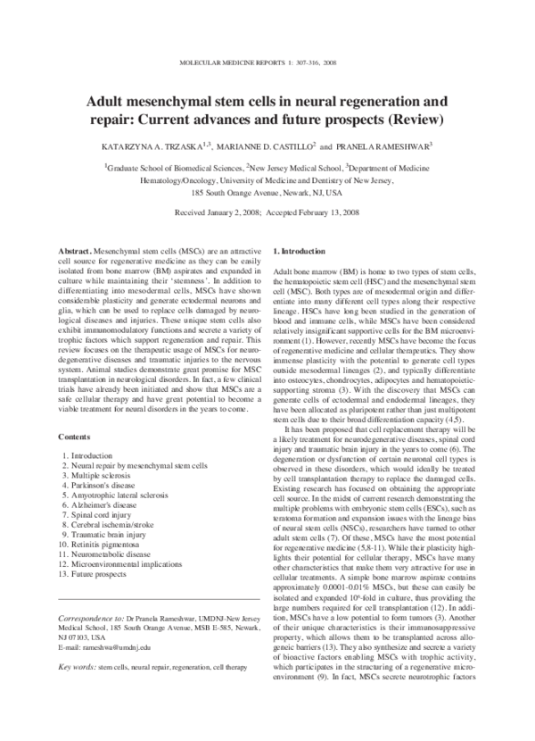 (PDF) Adult mesenchymal stem cells in neural regeneration and repair ...