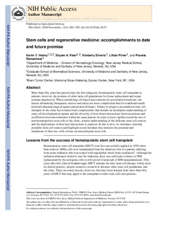 (PDF) Stem cells and regenerative medicine: accomplishments to date and ...