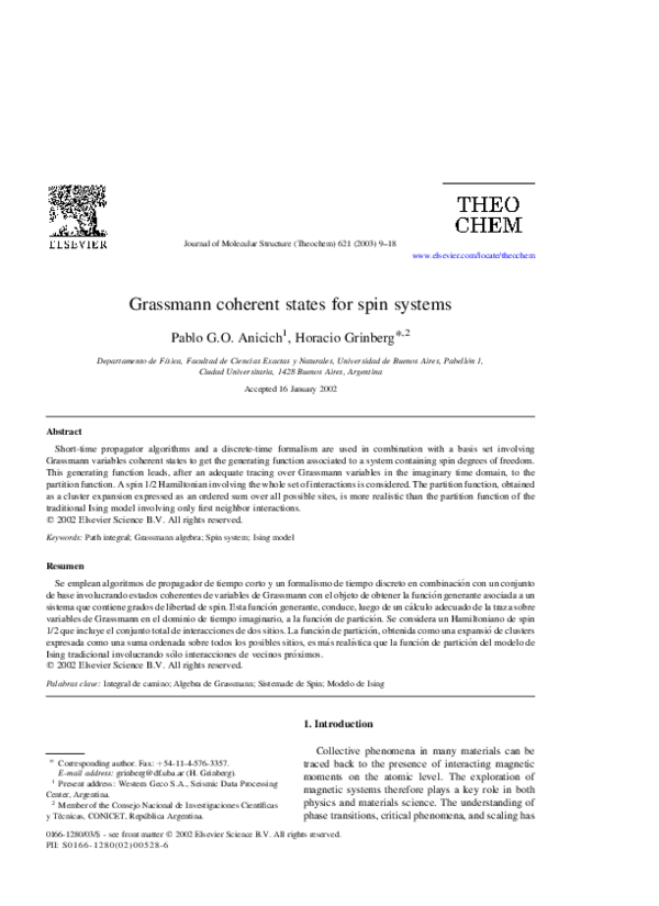 (PDF) Grassmann coherent states for spin systems