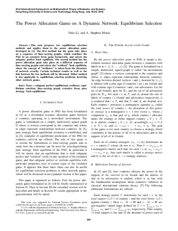 (PDF) The Power Allocation Game on A Dynamic Network: Equilibrium Selection